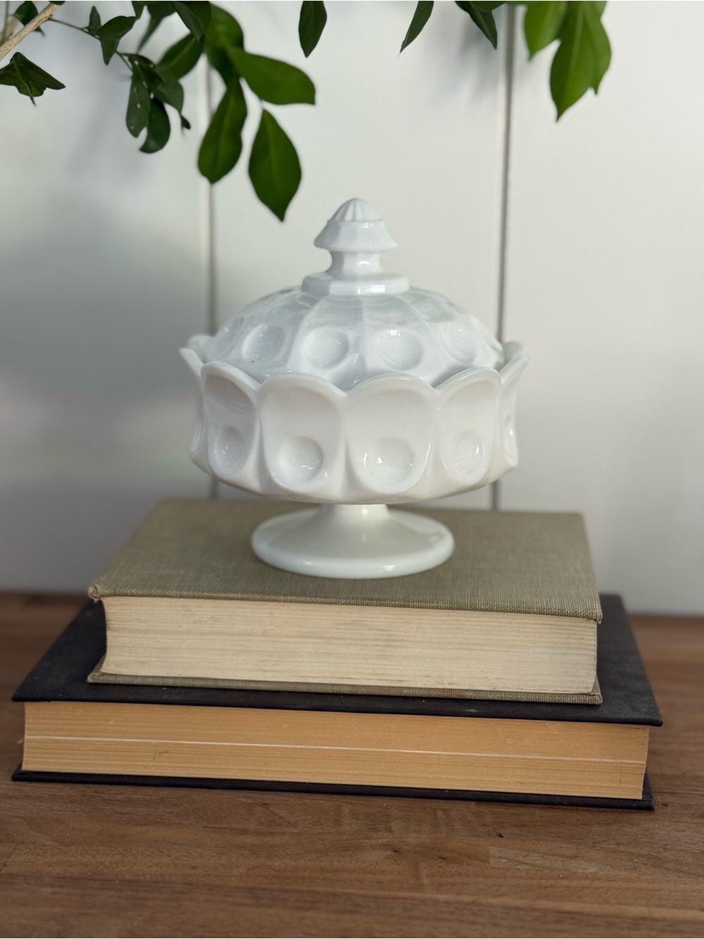 Vintage Milk Glass Covered Pedestal Candy Dish